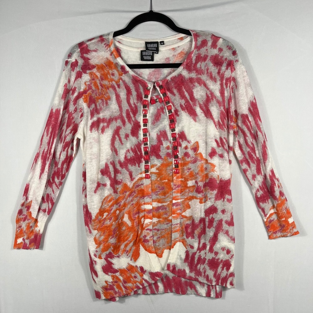 Vtg 90s‎ Y2K 2pc Beaded Cardigan Tank Top Set M Linen Blend Abstract Pink Orange